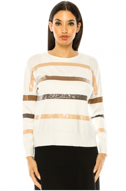 White Sweater With Shiny Stripes Modest Women Clothing Yal New York